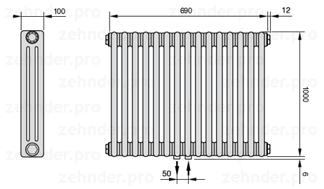 Схема (чертеж) Радиатор Zehnder Charleston 3100/15 №5410 Белый глянцевый RAL 9016